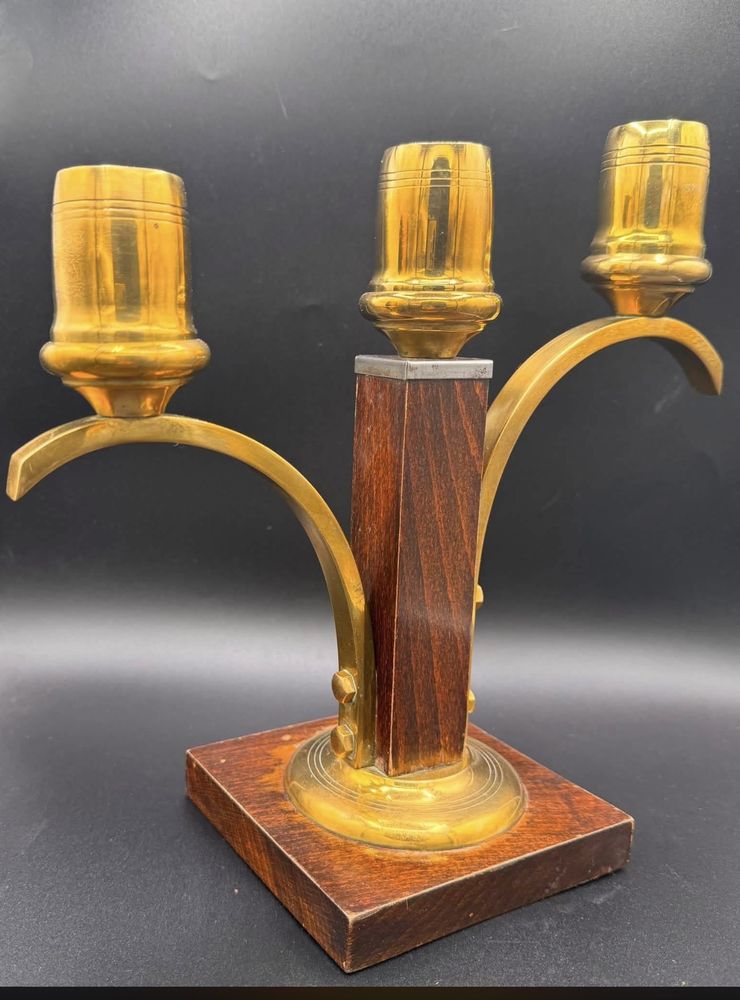 Paire de bougeoirs Art déco en laiton et bois, années 1930