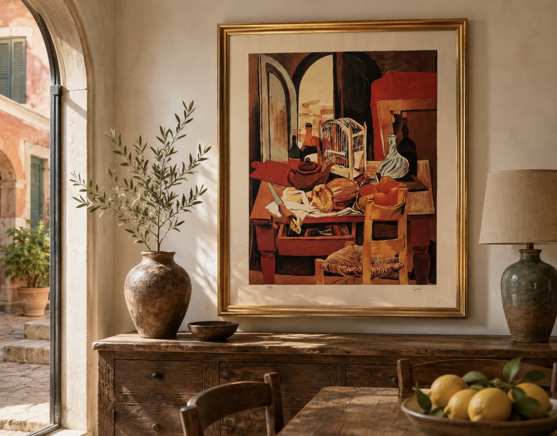Lithographie Cucina con sedia de Renato Guttuso, encadrée dorée