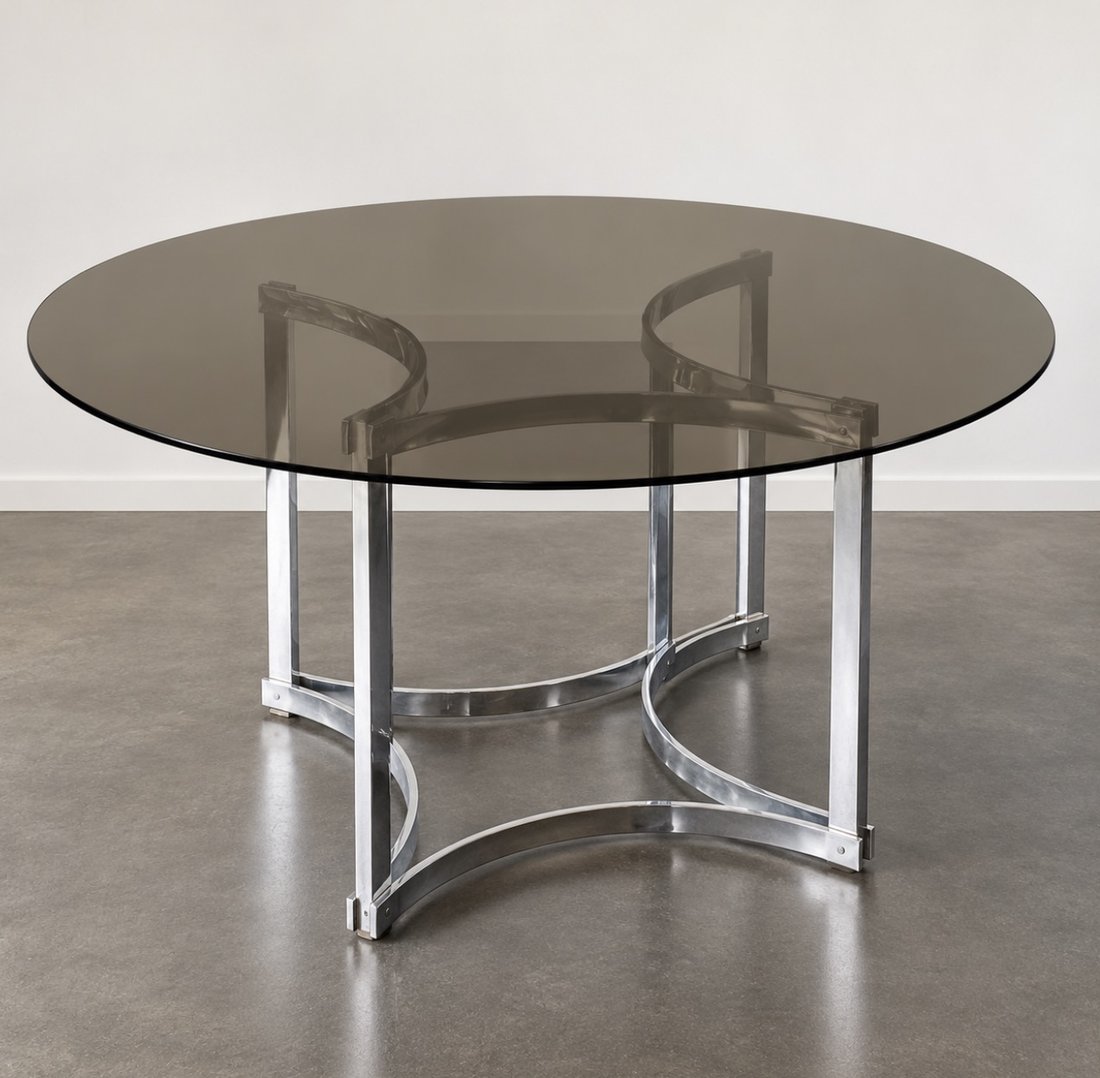 Table ronde plateau verre fumé, piètement chromé, Richard Young pour Merrow Associates