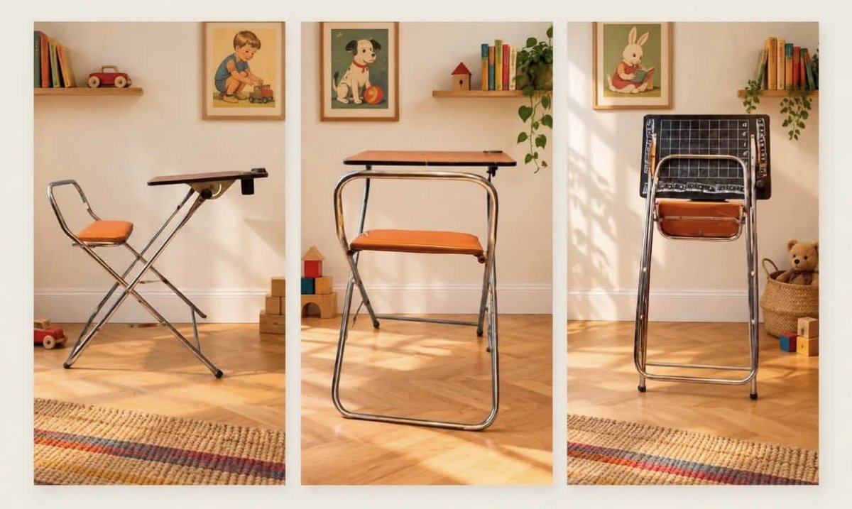 Pupitre d'enfant pliant Gico Toys, structure tubulaire chromée, assise caramel, années 1970